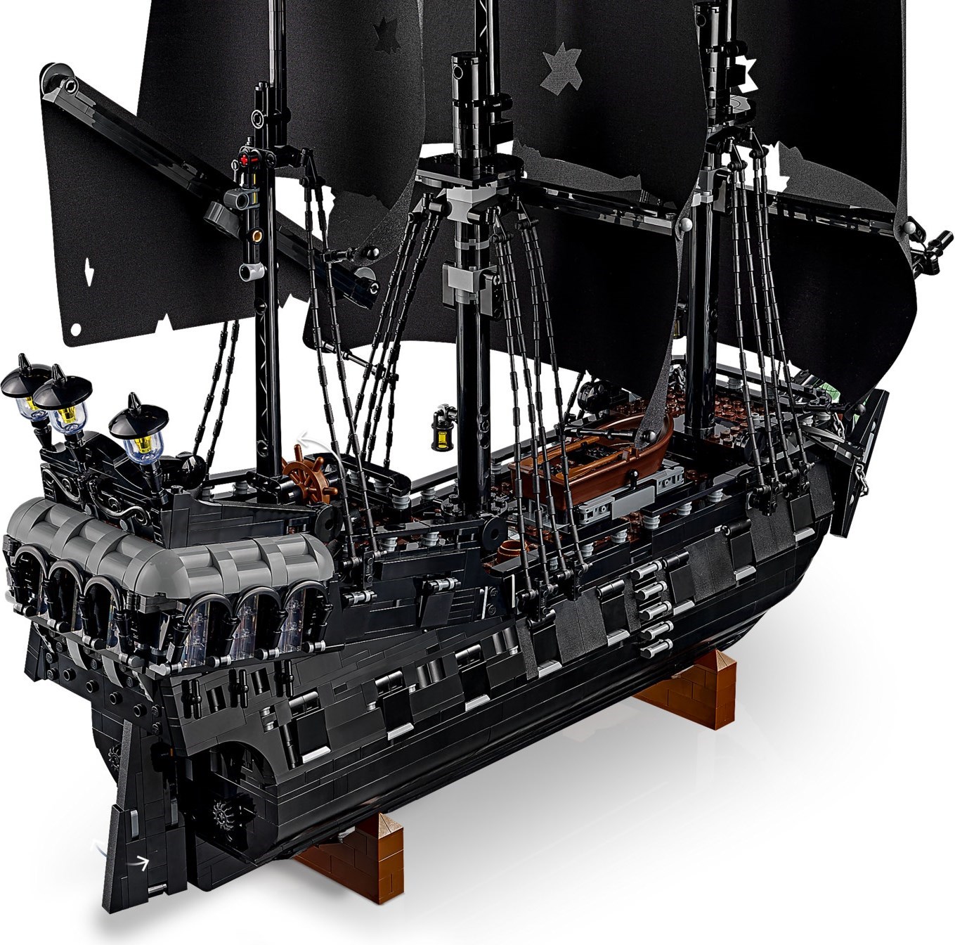 Full exterior view of LEGO 10365 Black Pearl showing the complete pirate ship with three masts and black hull