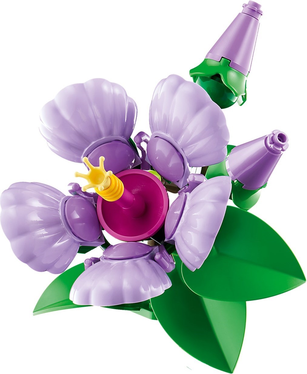 Detailed breakdown of LEGO 10372 Hibiscus flower components showing lavender petals, yellow stamens, and green leaves