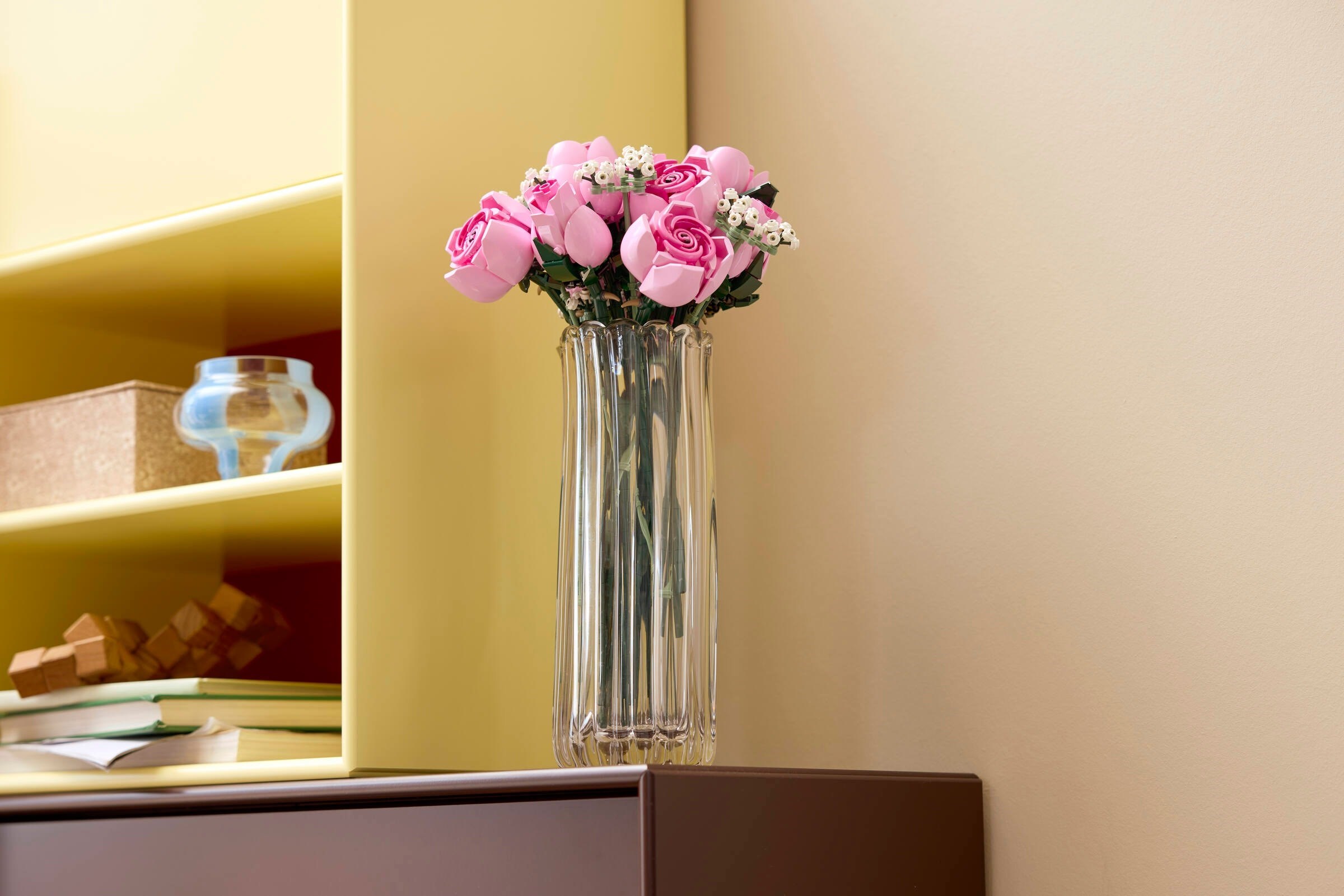 Pink Roses arrangement in kitchen setting