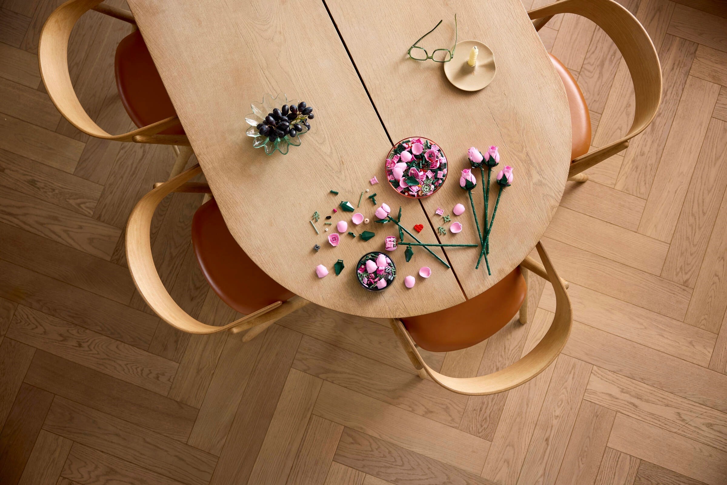 LEGO 10374 Pink Roses building components laid out
