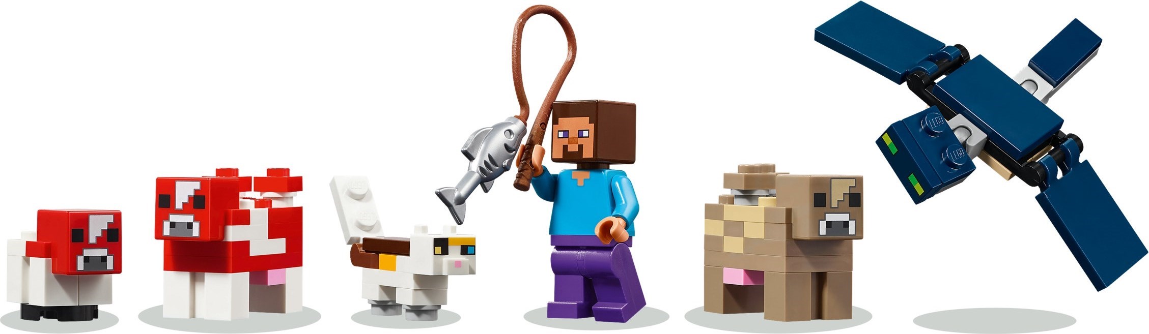 Complete character lineup showing Steve, mooshrooms, cat, and phantom