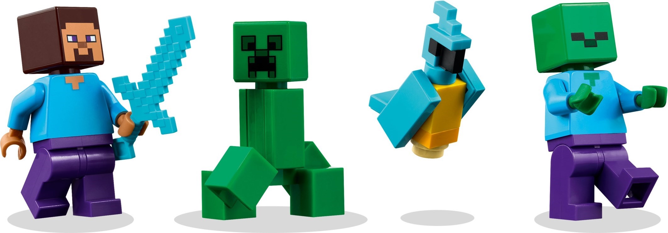 Steve, Creeper, and Zombie minifigures with parrot