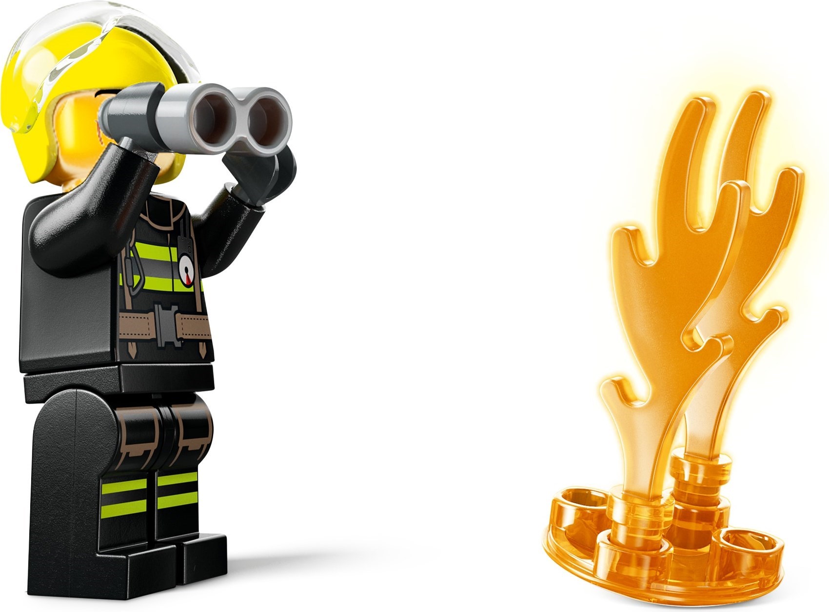 Firefighter minifigure with flame element and binoculars