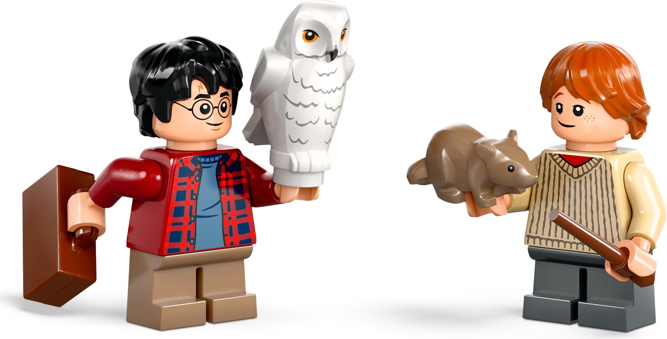 Harry and Ron minifigures with Hedwig and Scabbers